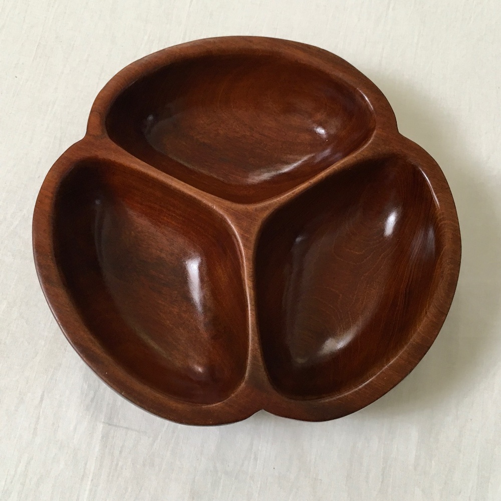 Vintage Monkey Pod Divided Wooden Bowl Dish
